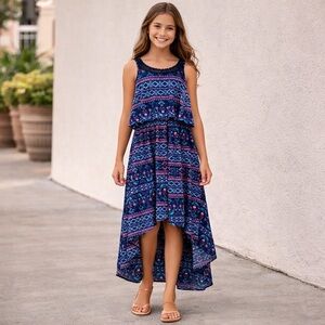 Pinc Premium Girls Lace Overlay Blue Multicolor High Low Sundress Dress Sz XL